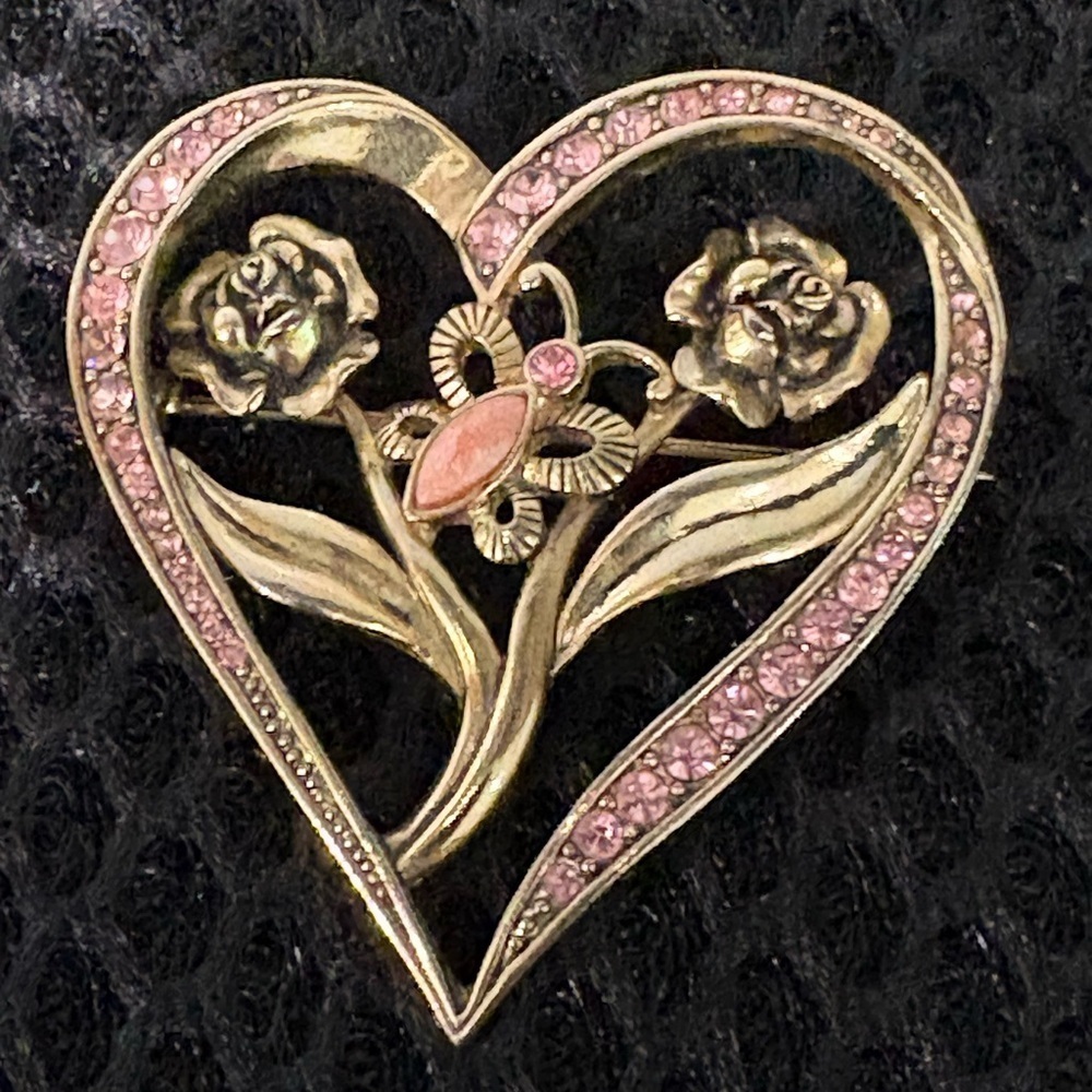Vintage Heart Floral Brooch with Pink Rhinestones & Butterfly Accent